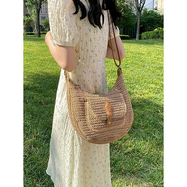 Women's Large Capacity Handmade Woven Straw Saddle Bag Shoulder Bag - Bohemian Crossbody Bag with Front Pocket, Summer Beach Tote Bag, Casual Travel Tote Bag for Vacation, Shopping and Daily Use