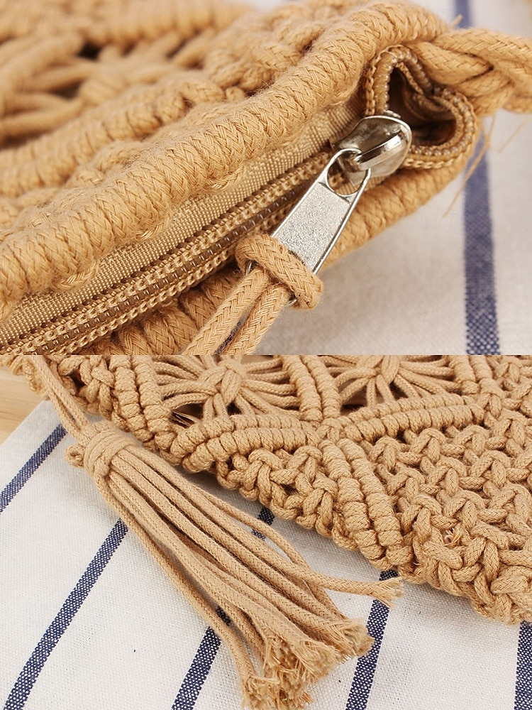 Women's Handwoven Boho Crossbody Bag – Vintage Macrame Shoulder Purse with Tassel for Beach Vacations and Casual Outfits Color Black White Pink